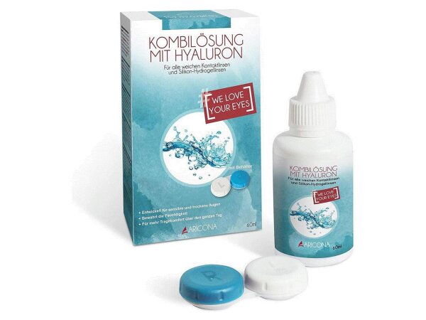 aricona Kontaktlinsen Fluessigkeit - 60ml Kontaktlinsenflüssigkeit mit Hyaluron - All-In-One Kontaktlinsen Pflegemittel inklusive Behälter