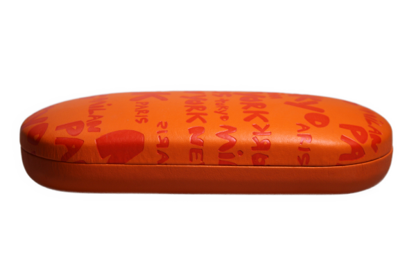 Hartschalen Etui von Optiker Dietrich Orange mit Aufschrift