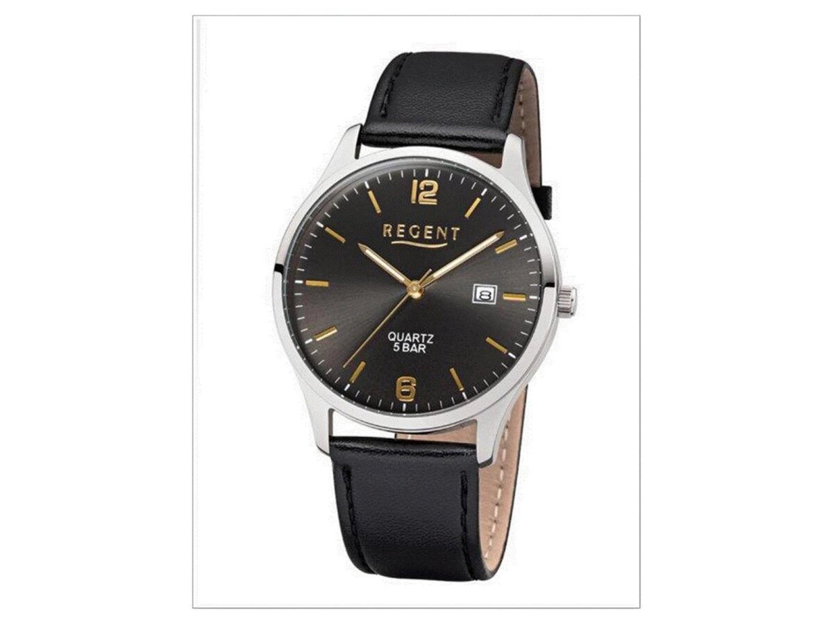 Regent Herren-Armbanduhr Quarz-U Elegant Leder-Armband schwarz Analog