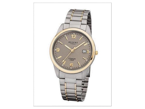 Regent Herren-Armbanduhr Elegant Analog Titan-Armband silber grau gold Quarz-Uhr Ziffernblatt braun URF1107
