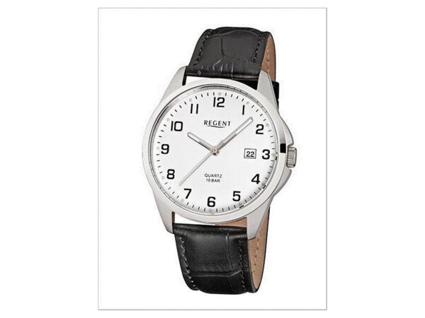 Herren-Uhr Regent mit Leder-Armband schwarz Edelstahl-Gehäuse silber Quarzwerk D2URF913