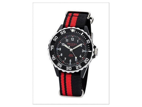 Regent Kinder Jugend-Armbanduhr Elegant Analog Textil Stoff-Armband schwarz rot Quarz-Uhr Ziffernblatt schwarz URF1124